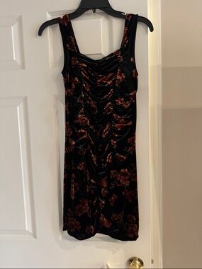 free press Black Velvet Mini Dress with Rust Floral Print